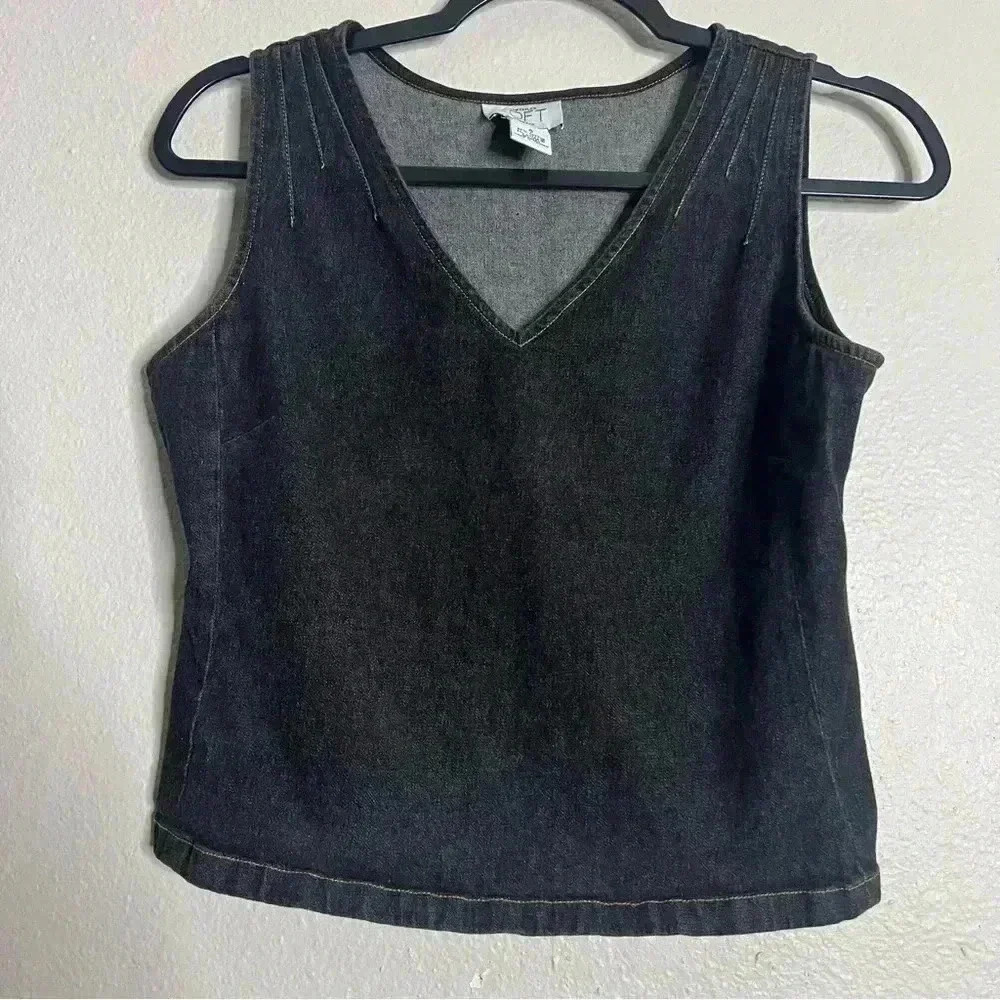 Ann Taylor Loft Stretch Black Denim Crop Top V Neck Size 6
